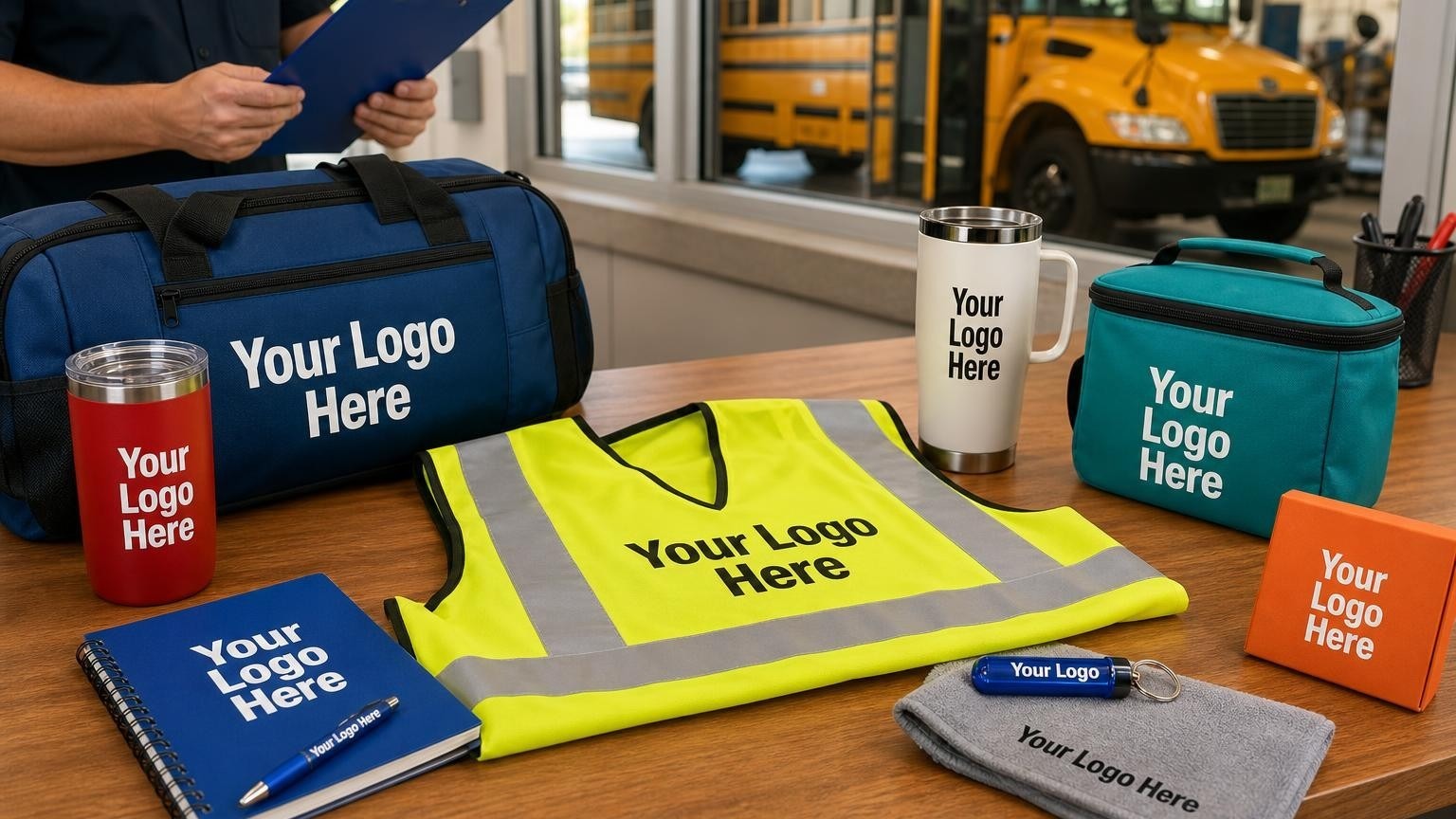 A high-visibility yellow safety vest with reflective stripes on a garage counter, with a school bus blurred in the background.