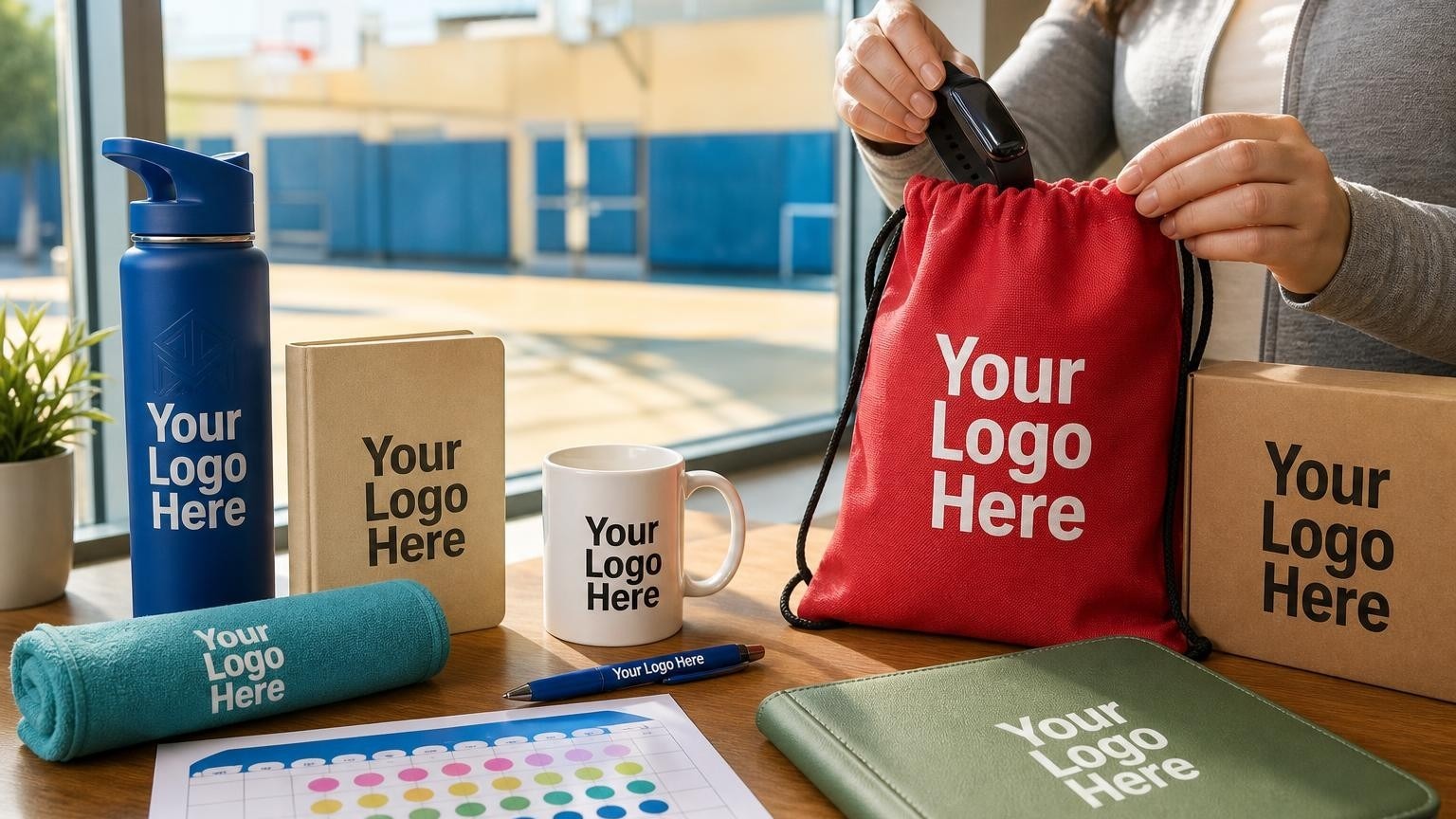 A durable sports water bottle and step tracker being packed into a school wellness kit on a coordinator's desk.