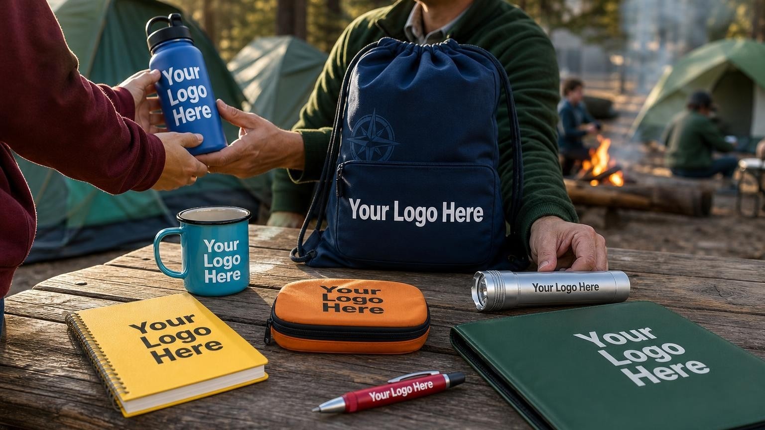 A custom navy blue drawstring gear bag with a debossed compass emblem sits on a rustic campsite picnic table next to a heavy-duty flashlight.