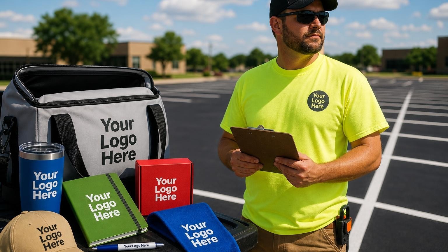 A sealcoating crew member in high-visibility safety apparel stands next to a freshly sealed and striped commercial parking lot.