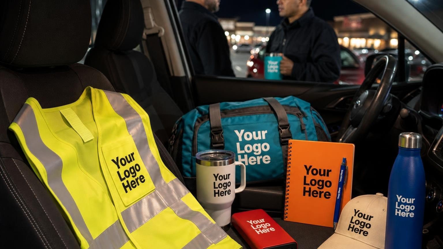 A custom reflective safety vest resting on the seat of a security patrol vehicle at night.