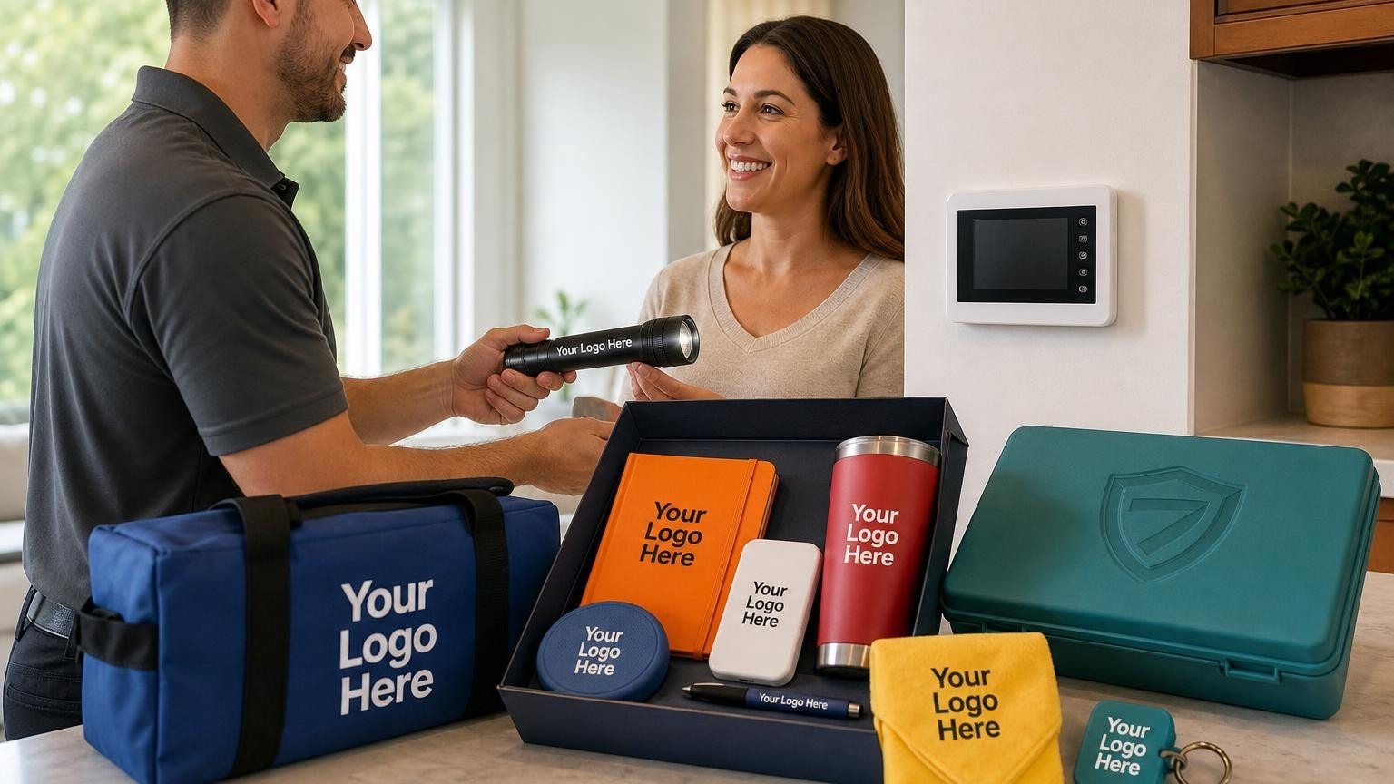 A professional security technician handing a branded safety kit to a homeowner next to a smart control panel.