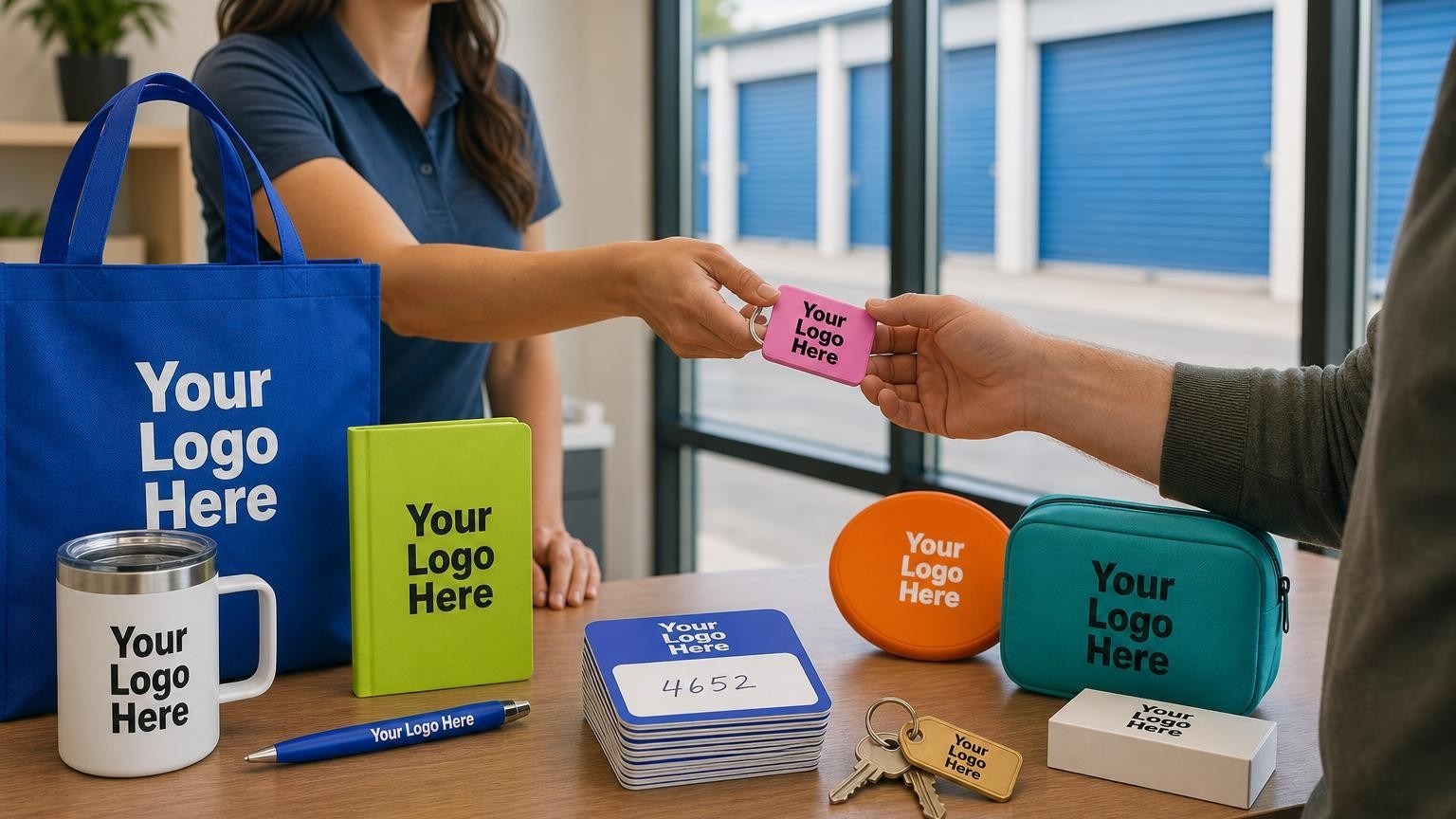 Custom promotional magnets and keys sitting on a leasing office counter with self-storage units visible in the background.