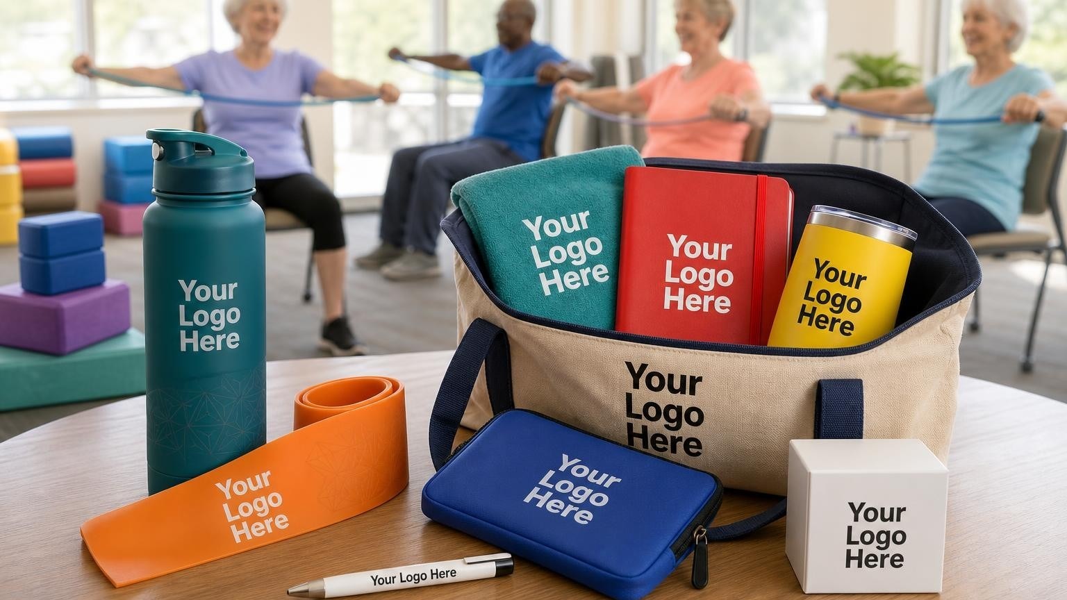 A lightweight water bottle and a low-resistance exercise band with a subtle custom imprint resting on a table in a bright community center fitness room.
