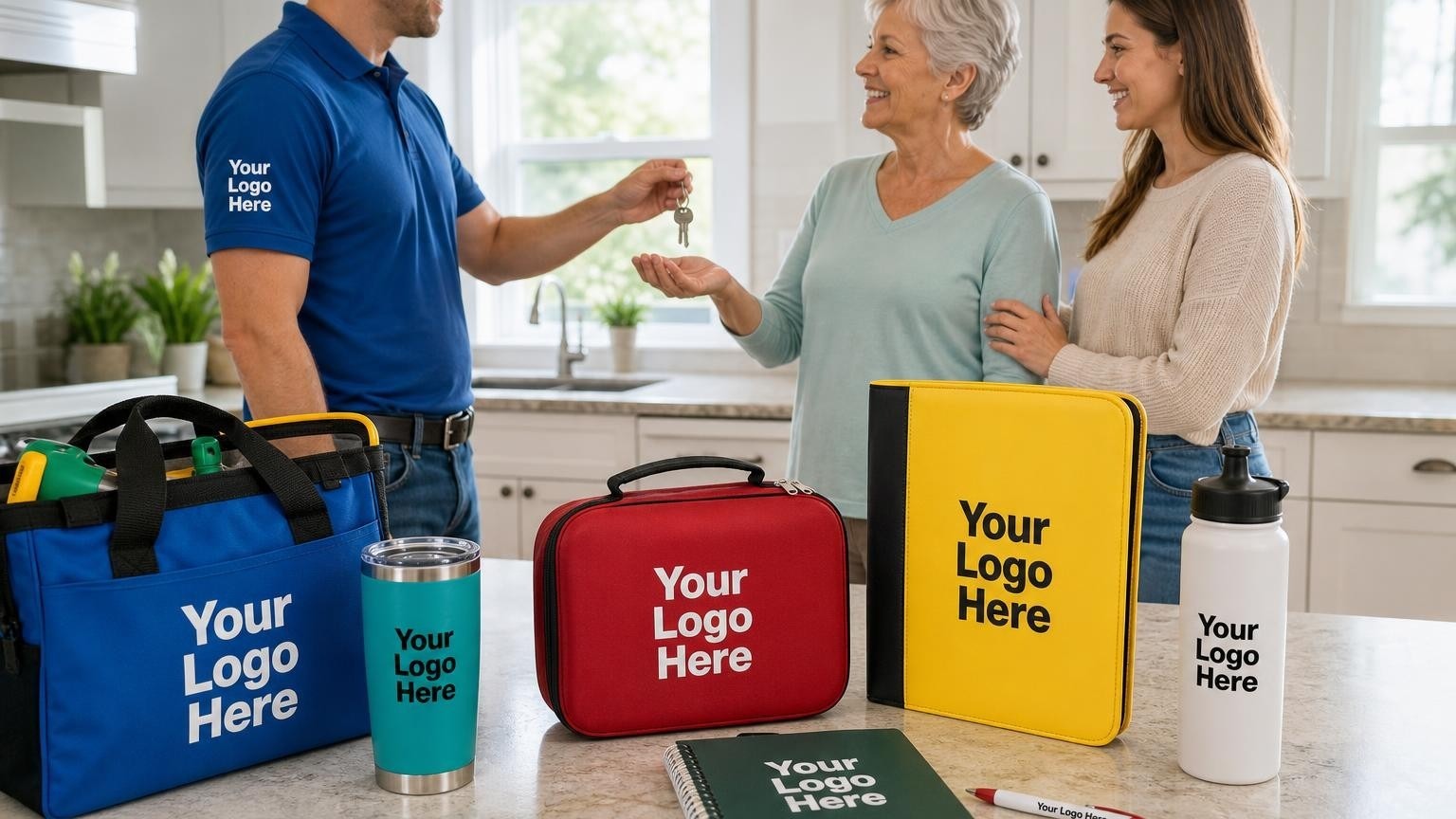 A custom first aid kit and home safety folder on a kitchen counter during a project handoff in a newly modified senior home.