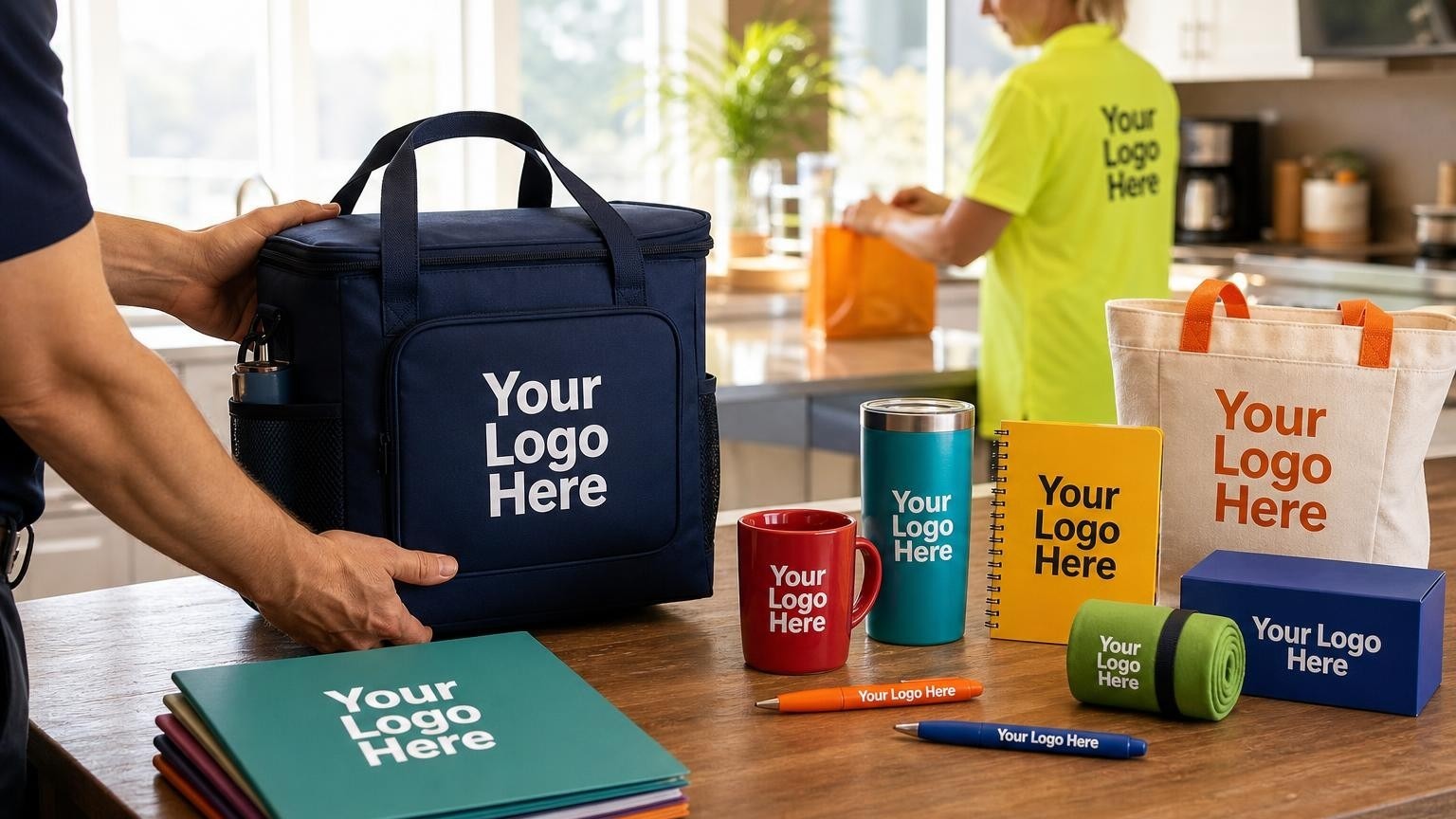 A custom navy blue insulated meal delivery bag sitting on a wooden counter in a senior community center kitchen, representing professional senior care operations.