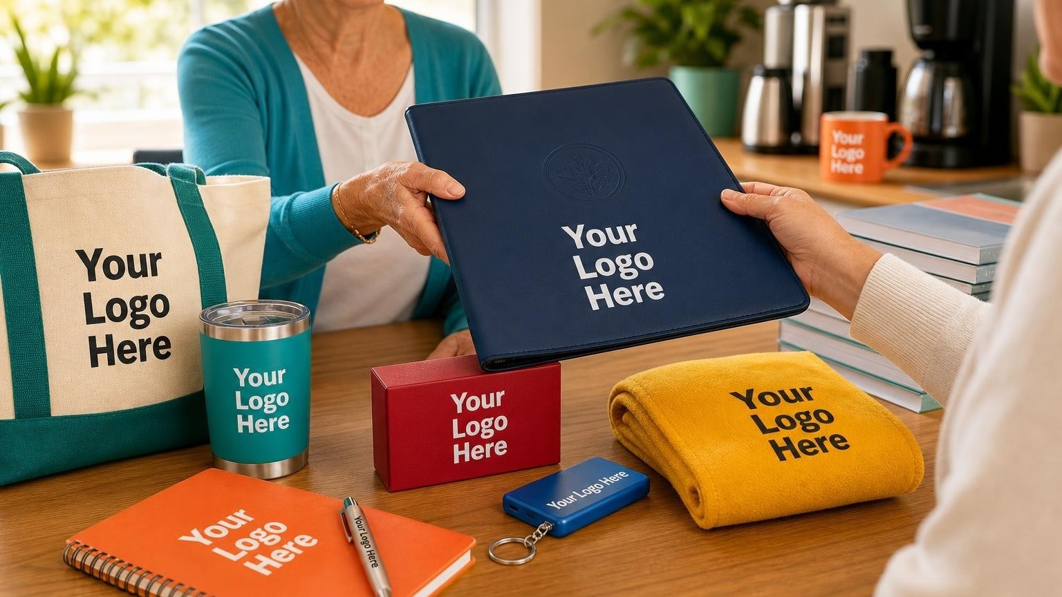 A custom navy blue structured organizer folder and heavy-weighted metal pen resting on a wooden table in a bright, welcoming senior volunteer program office.