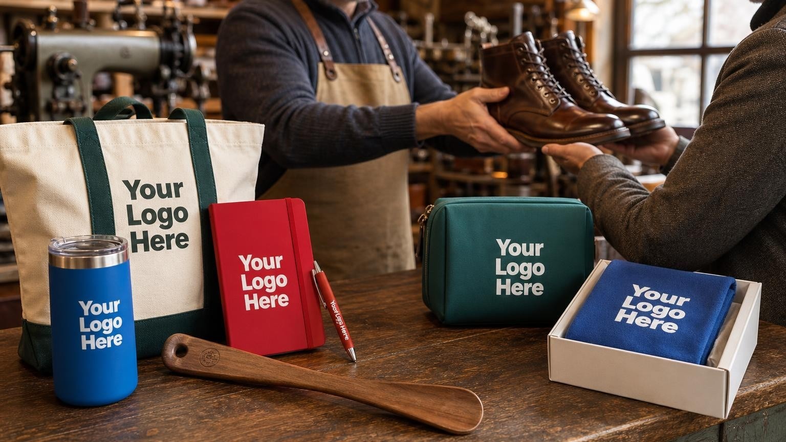 A custom wooden shoehorn on a cobbler's counter with a workshop in the background.