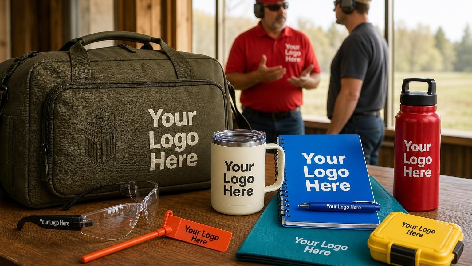 A custom olive drab range bag, safety glasses, and chamber flag on a clubhouse counter with a range safety officer in the background.