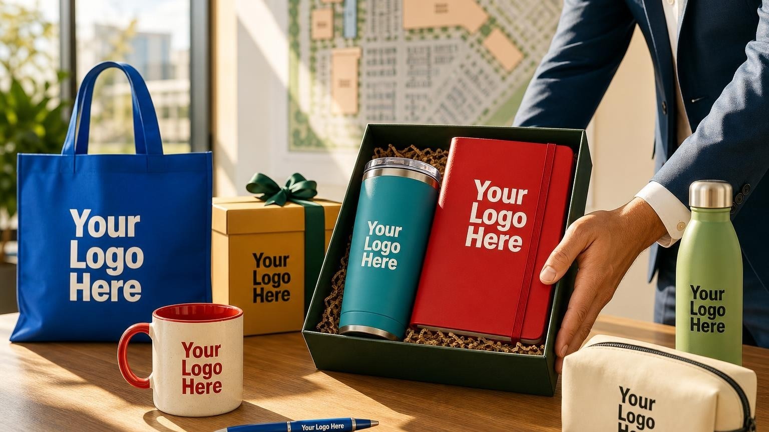 A deluxe holiday gift set with an insulated tumbler and executive folder on a wooden table in a shopping center management office.