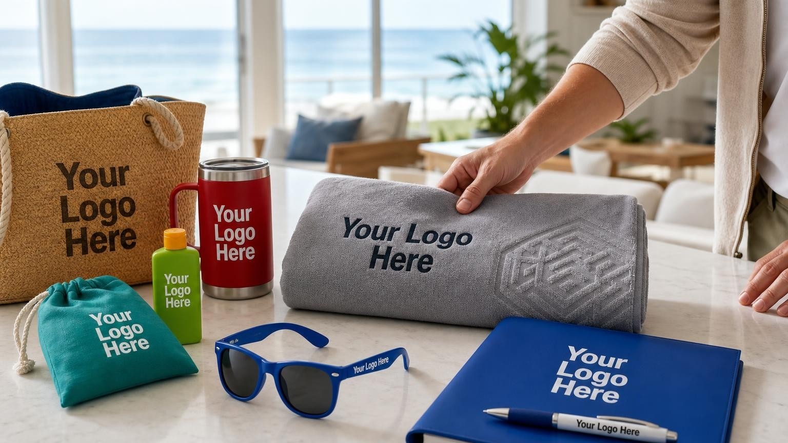A custom beach towel and sunglasses arranged neatly as a guest welcome kit on a kitchen island in a sunlit coastal vacation rental.