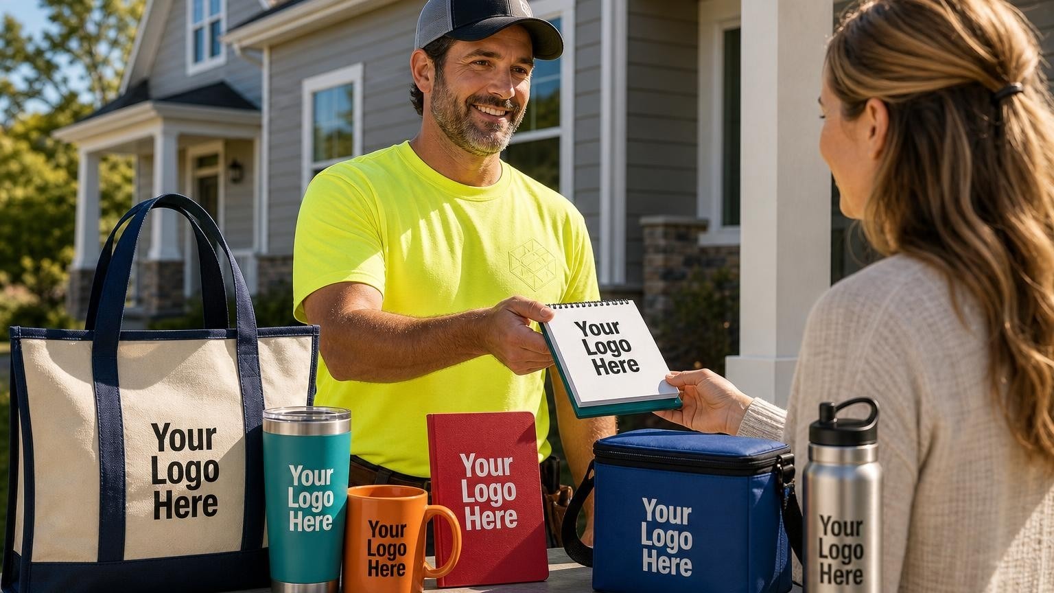 A professional siding installer in a high-visibility custom work shirt handing a promotional magnetic notepad to a homeowner on a front porch with a newly sided home in the background.