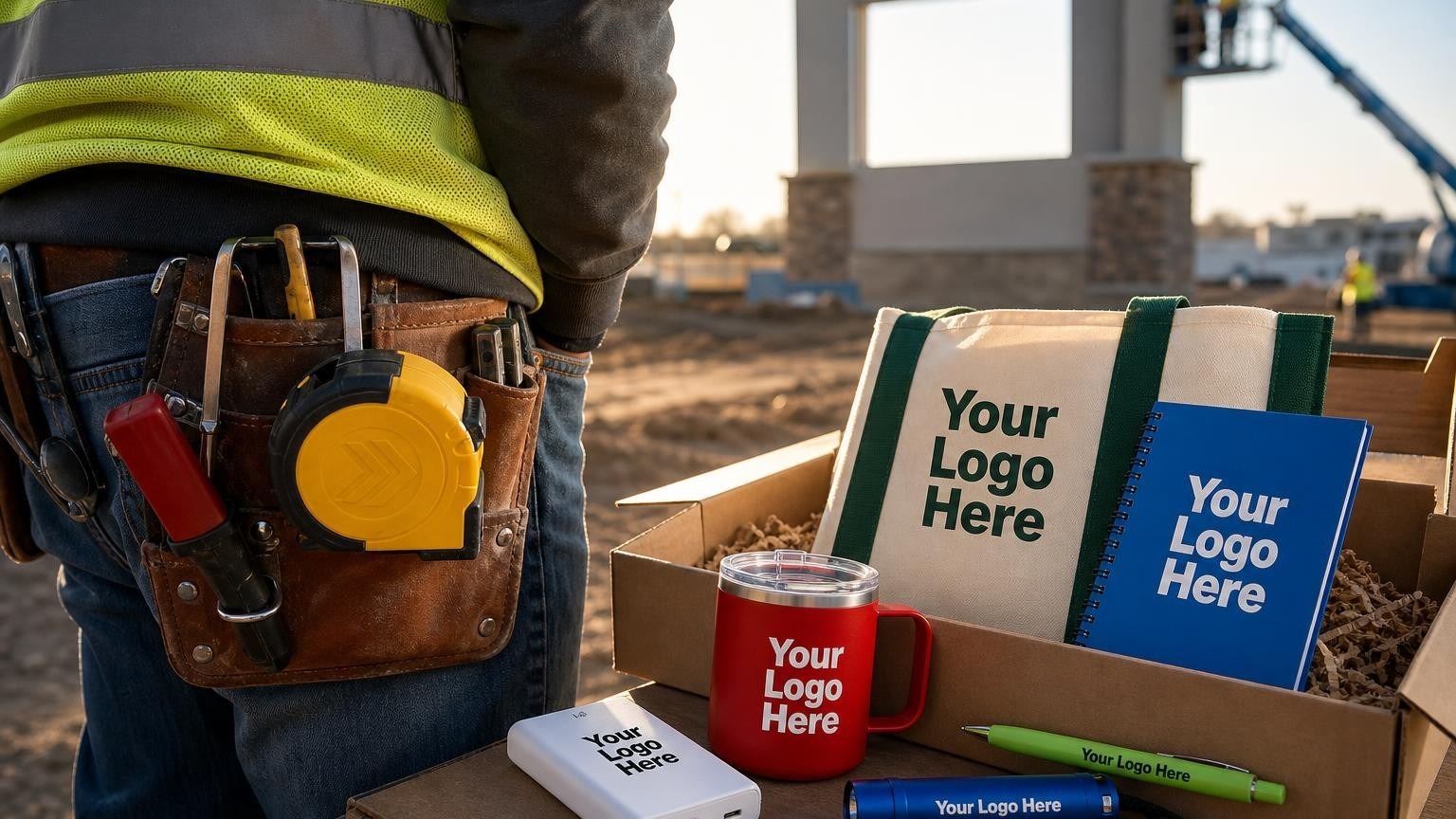 A heavy-duty branded tape measure clipped to a site superintendent's tool belt on an active sign installation jobsite.