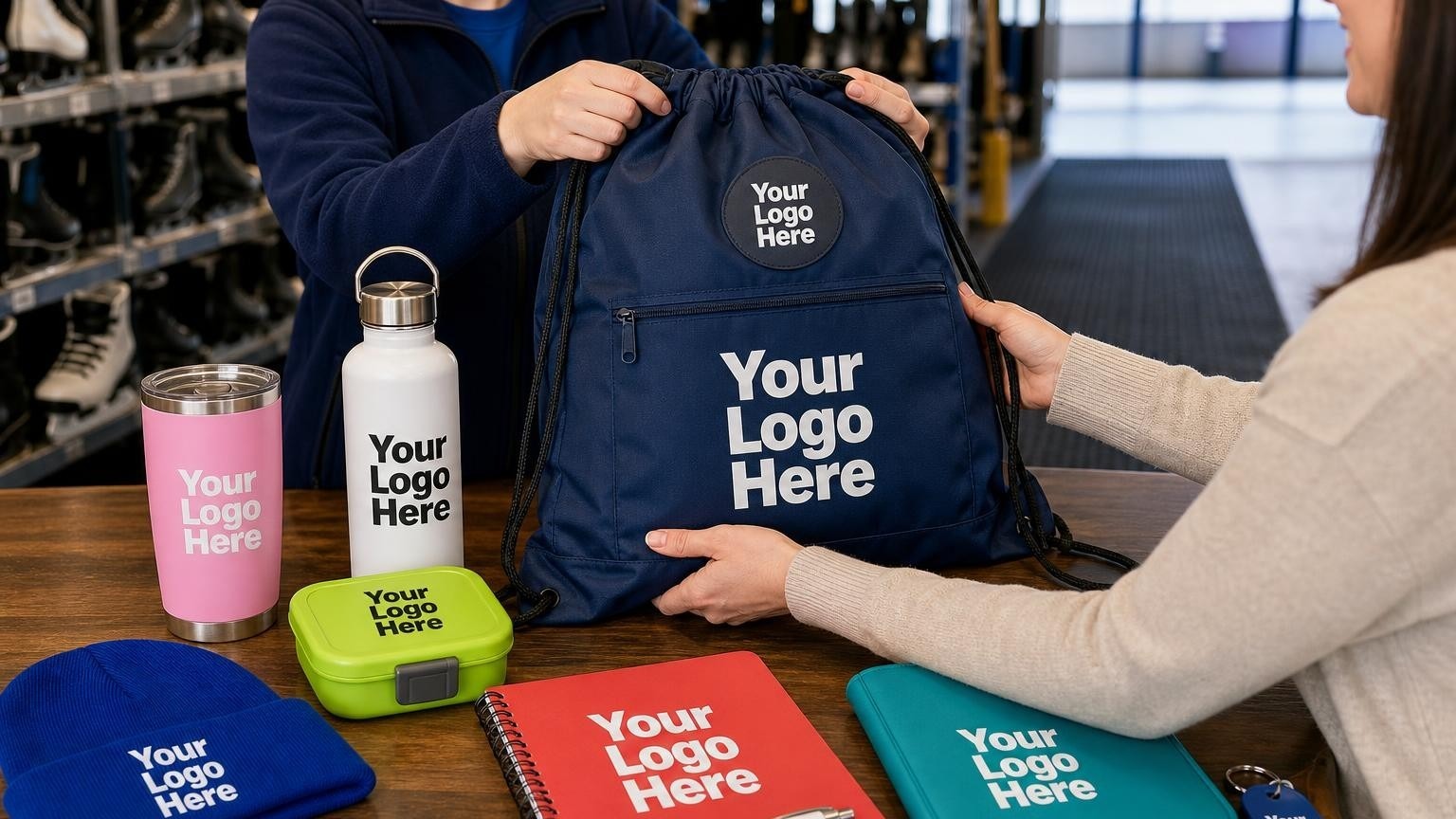 A custom navy blue drawstring bag on a skating rink rental counter with rental skates visible in the blurred background.