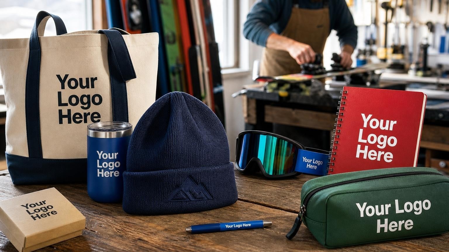 A custom-branded navy blue knit beanie resting on a wooden counter in a ski shop tuning bay.