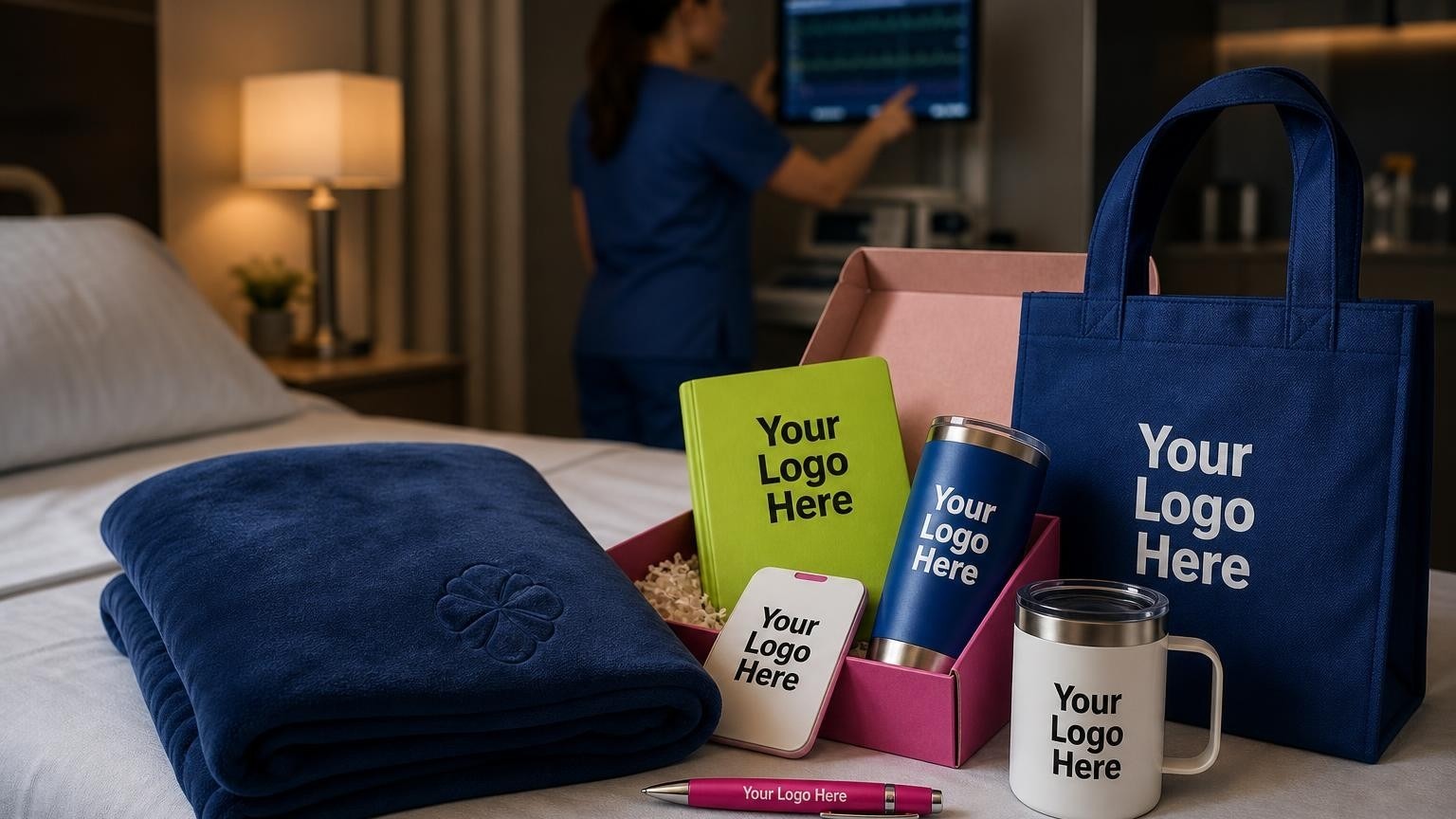 A soft custom navy blue blanket resting on a sleep clinic bed with a blurred technologist in the background.