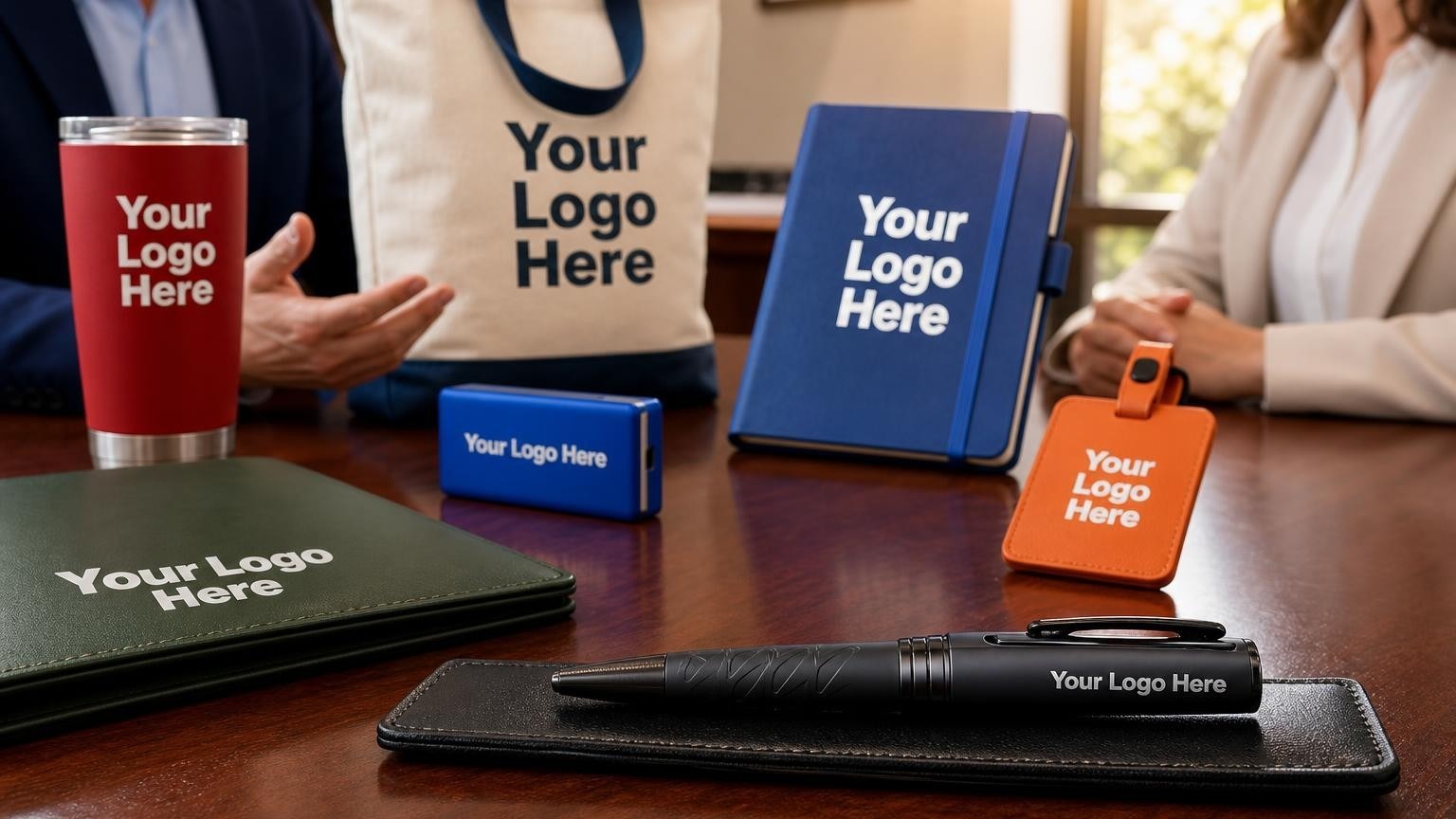 A heavy matte-black metal executive pen resting on a leather presentation sleeve on a polished mahogany closing table.