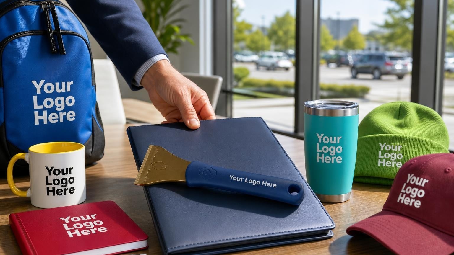 A heavy-duty brass-blade ice scraper resting on a commercial snow removal contract proposal folder on a property manager's desk during late summer.