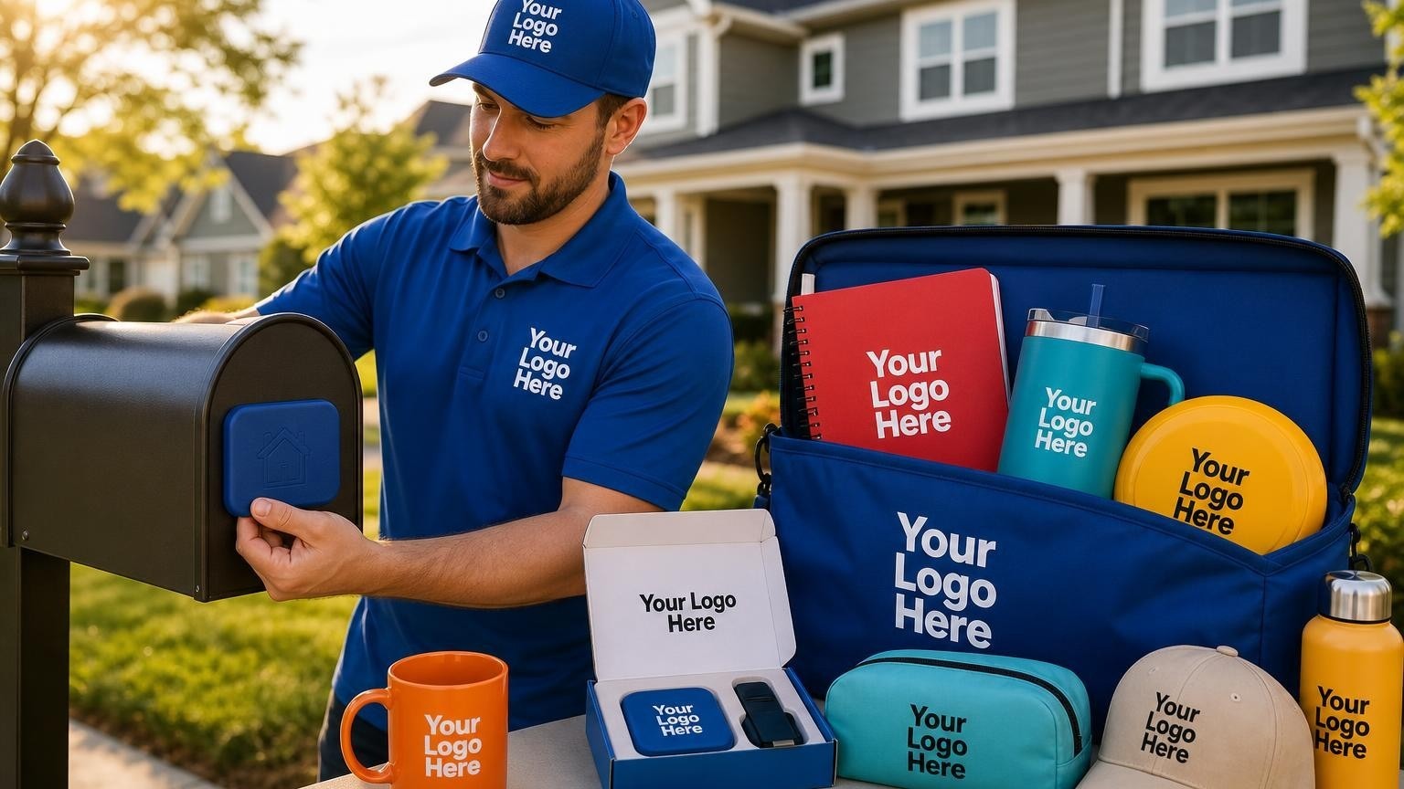 A professional soft washing technician placing a custom outdoor magnet on a mailbox post in front of a clean suburban home.