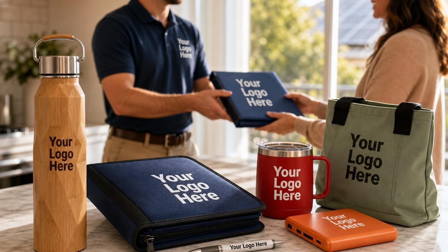 A high-grade bamboo water bottle and a zippered document portfolio on a kitchen counter during a solar system handoff.