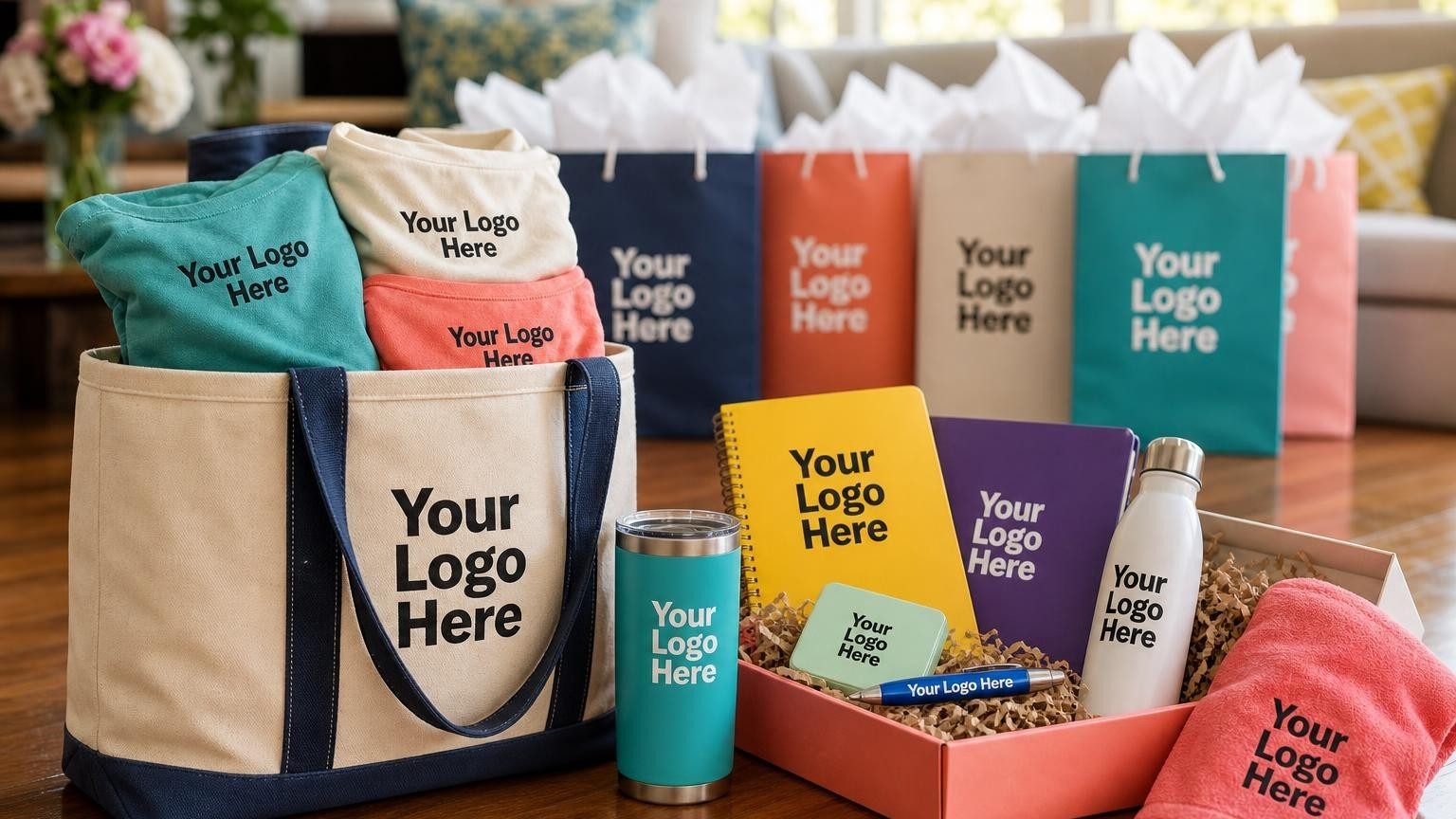 A custom welcome tote bag and folded t-shirts prepared for a sorority Bid Day distribution inside a chapter house living room.