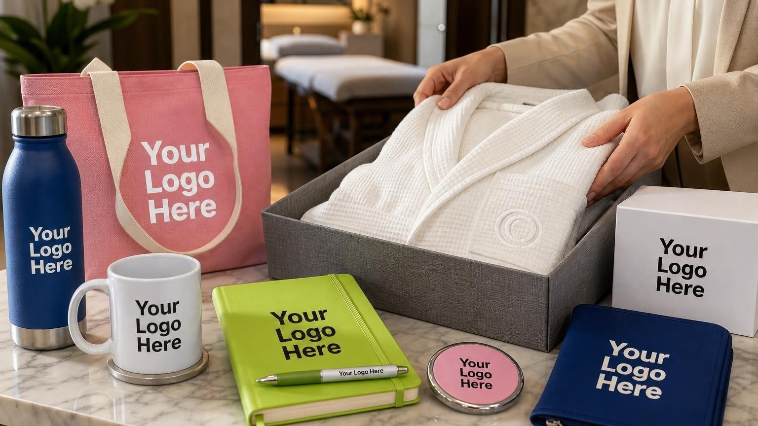 A luxury white waffle-weave spa robe with a subtle custom emblem, neatly folded inside a textured welcome box on a marble reception desk.