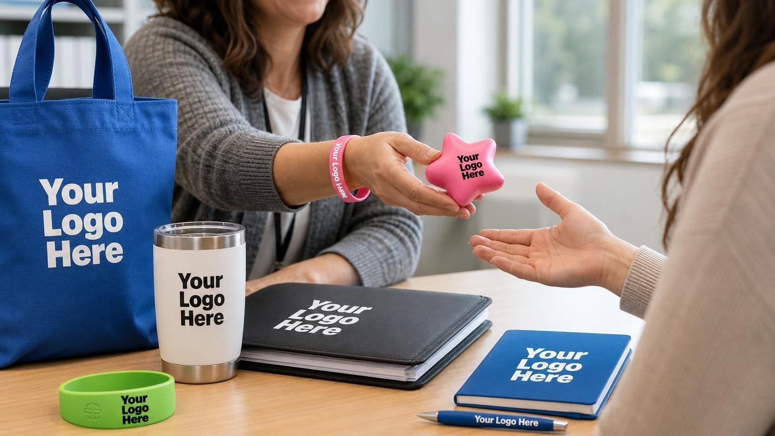 A custom silicone wristband and progress folder on a desk during a parent-teacher IEP meeting in a special education office.