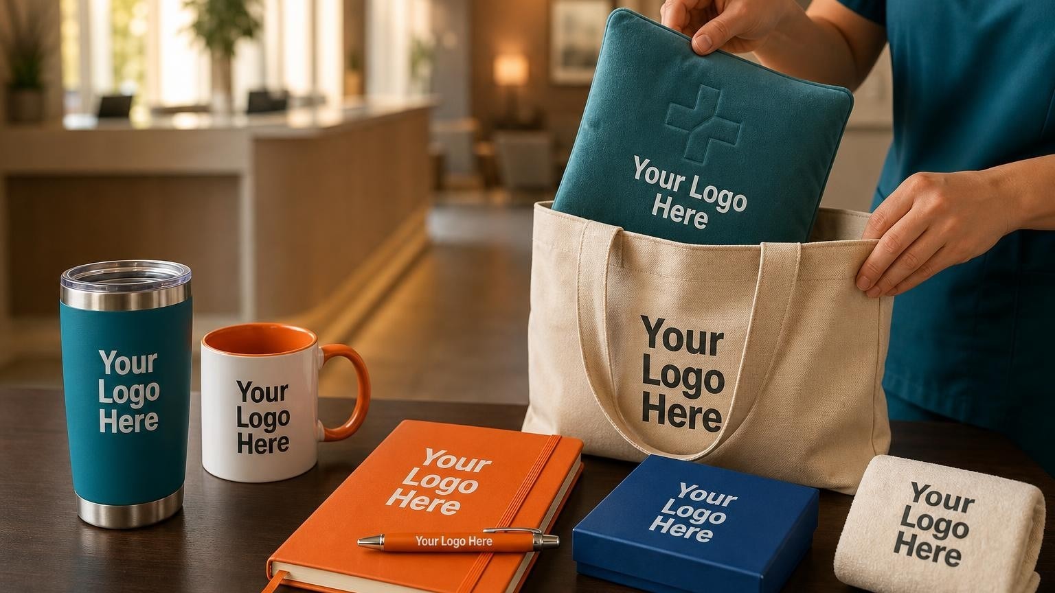 A therapeutic hot and cold pack with a subtle custom emblem being placed into a canvas tote bag on a clinic desk.
