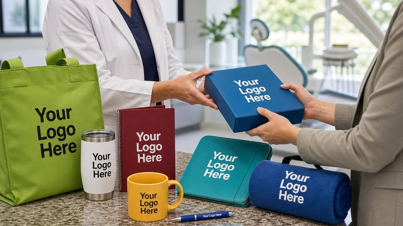 A custom magnetic calendar and professional pen on a polished granite reception counter in a bright specialty dental office.
