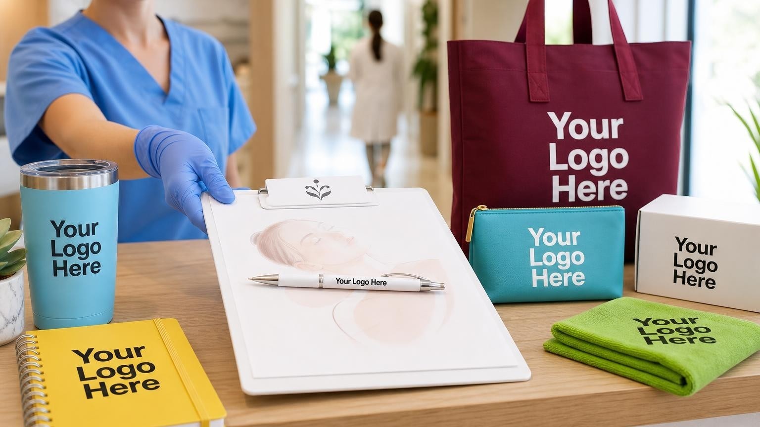 A custom clinical clipboard and pen on a dermatology reception desk, representing professional referral marketing tools.