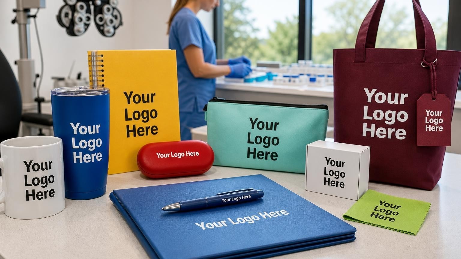 A custom-branded pen resting on a co-management clinical folder on a desk in a specialty optometry office.