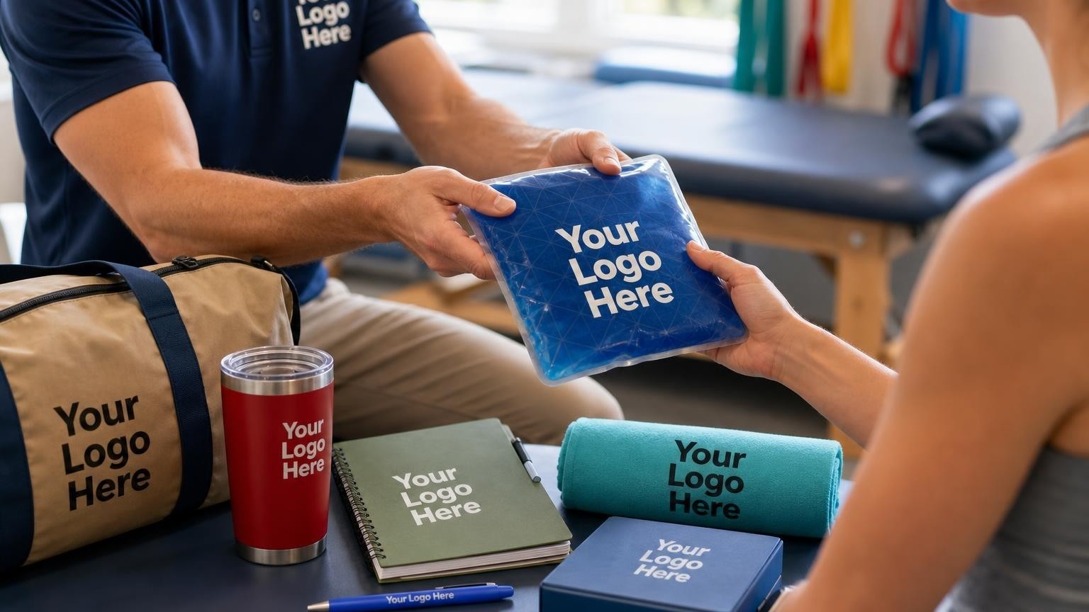 A physical therapist handing a custom-branded gel cold pack to a patient in a clinical rehabilitation setting.