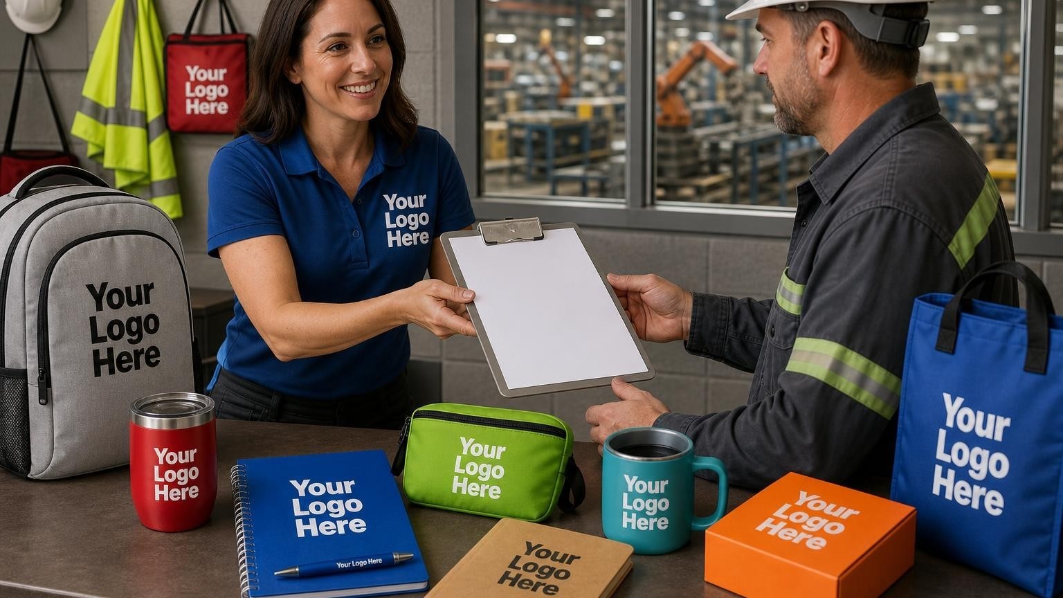 A clinic representative hands a custom clipboard with intake steps to a factory safety manager in an industrial office setting.