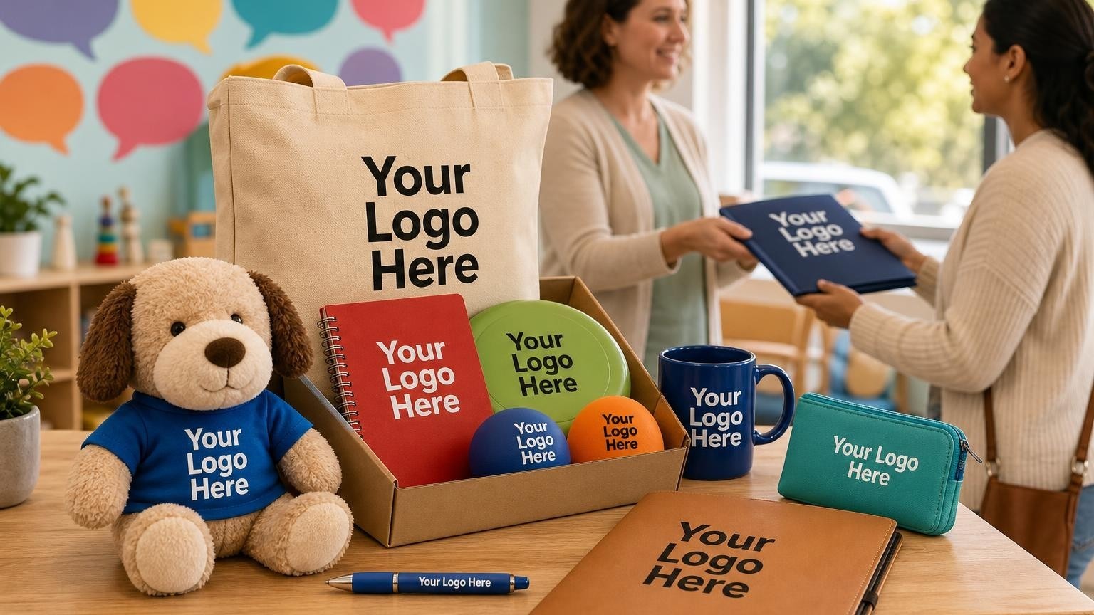 A custom stuffed plush puppy on a clinic reception counter, with a speech therapist and parent in the warm, blurred background.