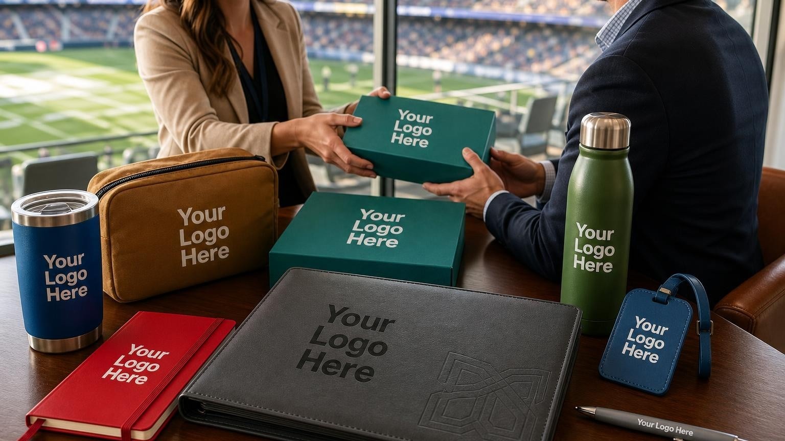 A high-end custom executive portfolio and pen being presented to a client in a stadium VIP suite.