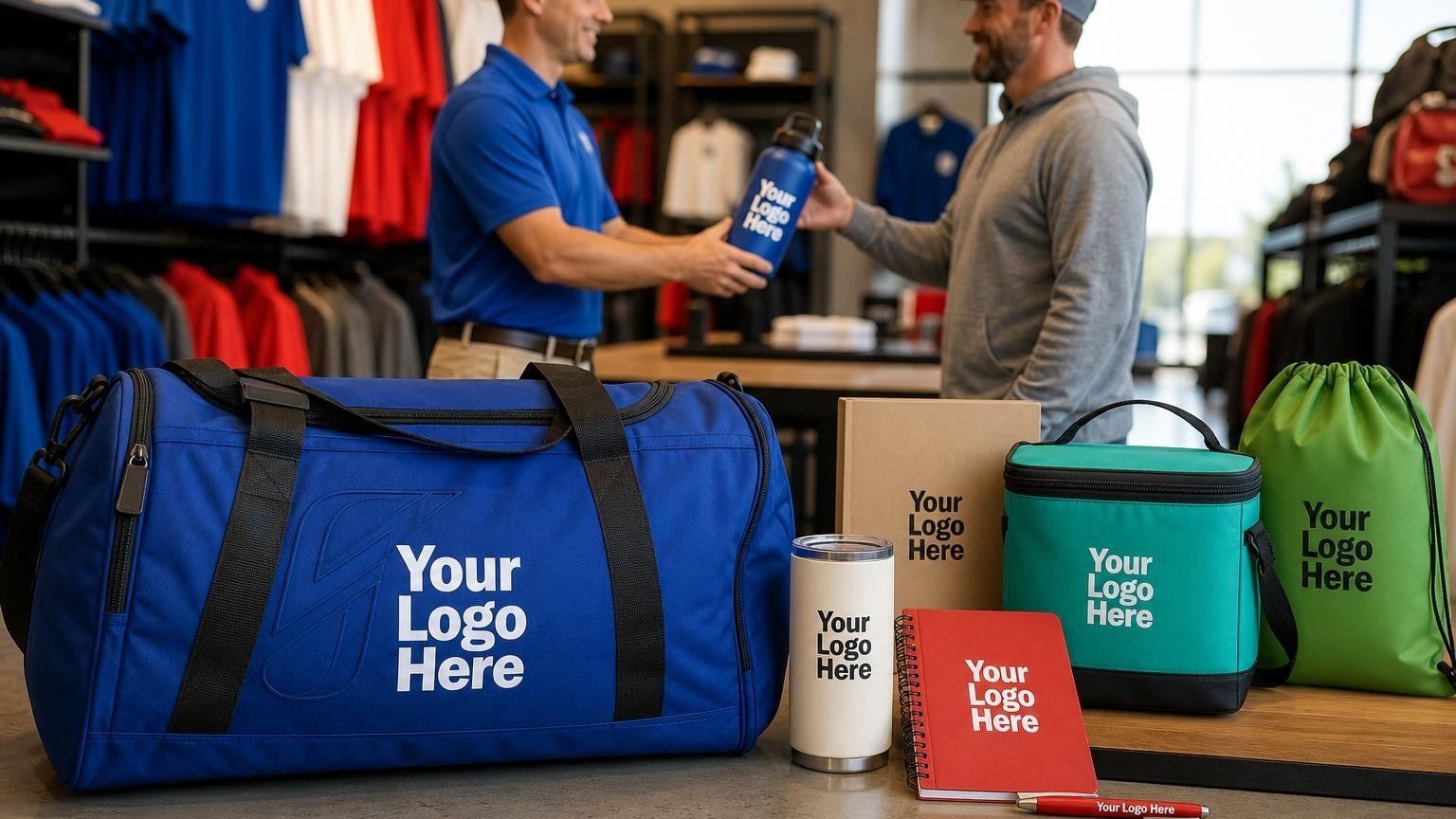A custom sports duffel bag and water bottle being presented to a youth league director in a sporting goods store showroom.