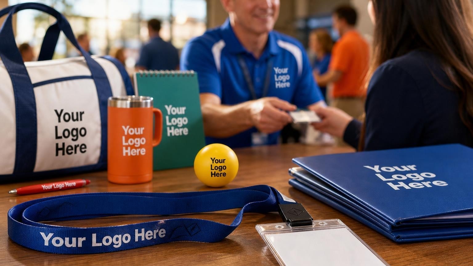 A custom sports association lanyard and badge holder resting on a conference registration desk.