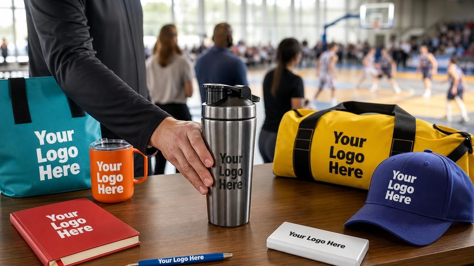 A high-quality co-branded shaker bottle sitting on a registration counter inside a sports complex, with basketball courts blurred in the background.