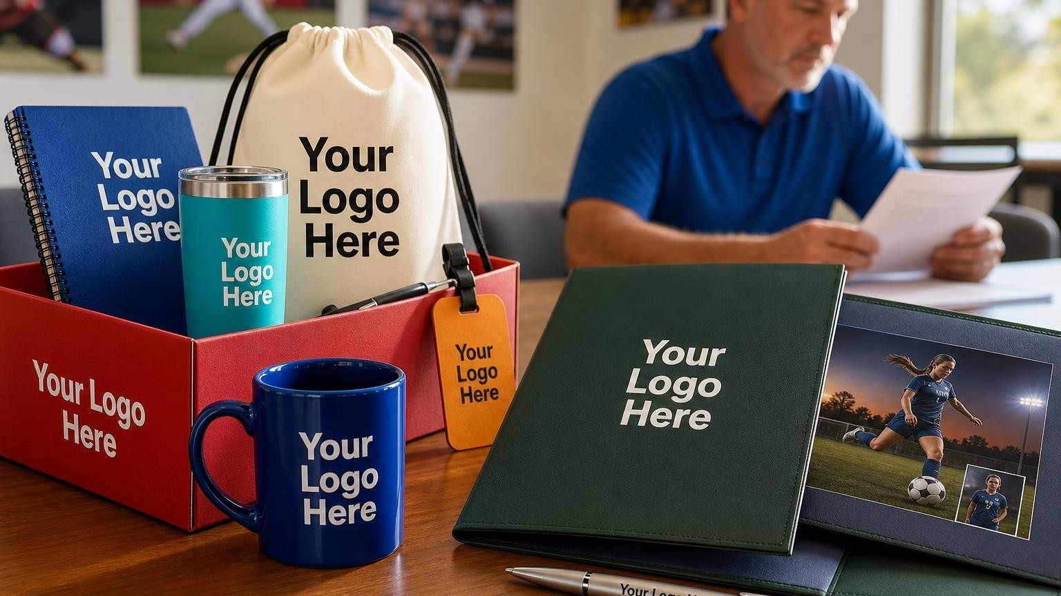 A professional presentation folder and custom pen on a table during a sports league contract pitch meeting.