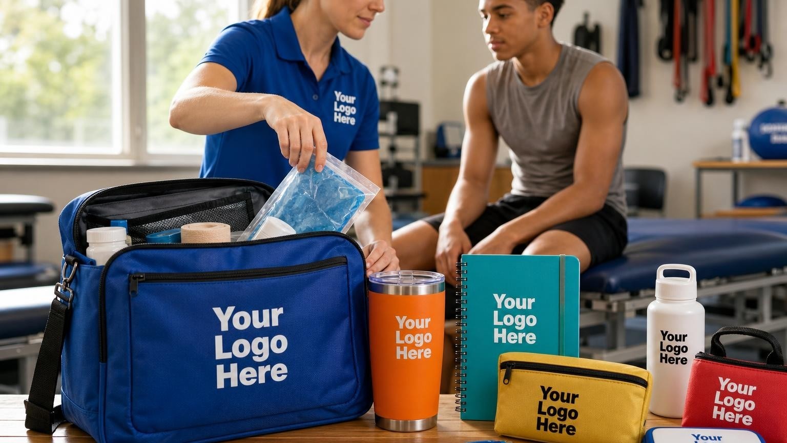 A co-branded sideline first aid kit bag on a wooden bench in a high school athletic training room, with an athletic trainer reaching inside.