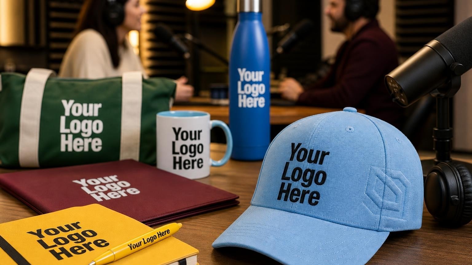 A high-quality custom embroidered baseball cap resting on a studio desk next to a podcast microphone, showcasing professional branding options for sports podcast networks.