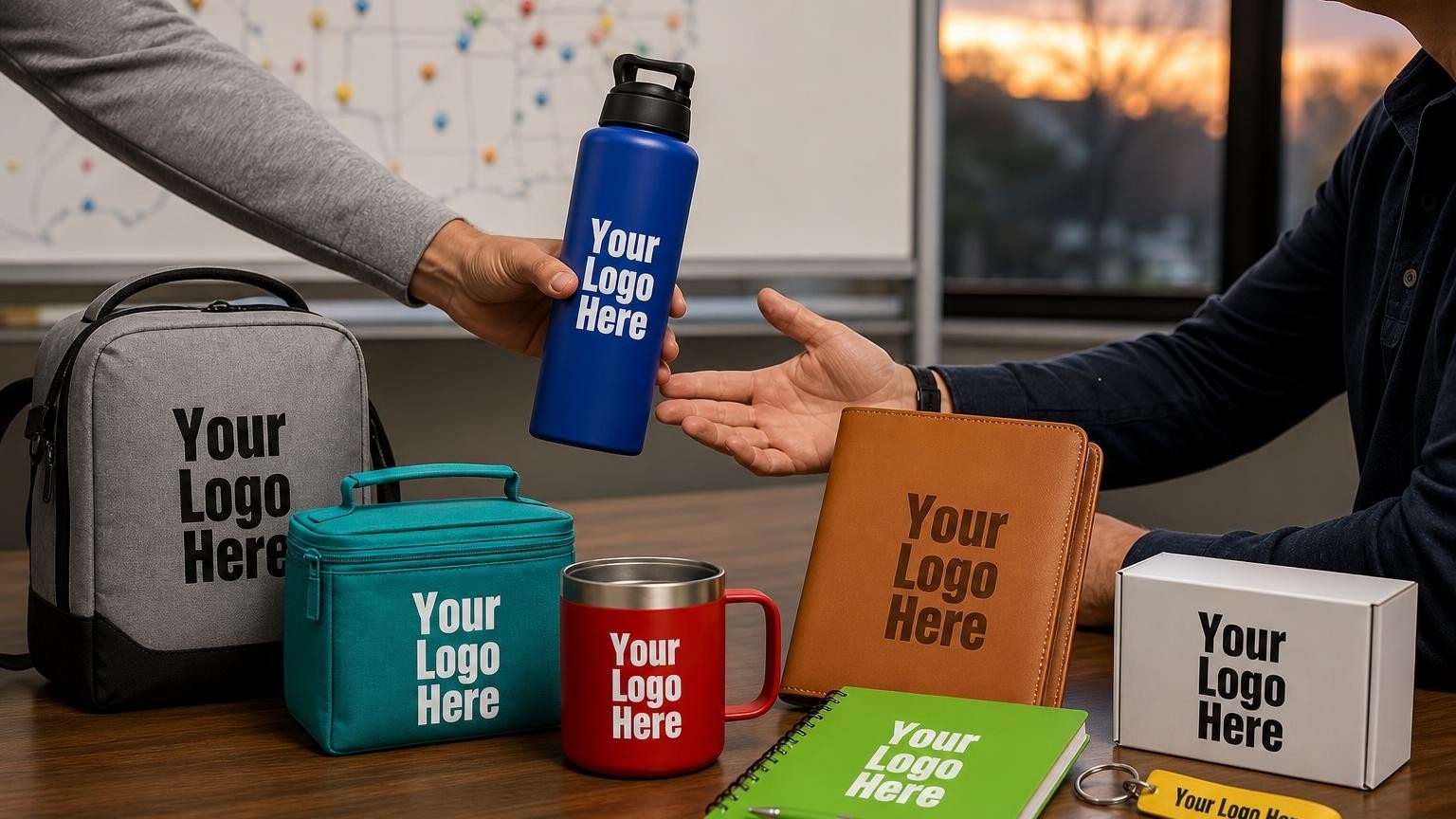 A high-quality matte-black sports bottle and a professional leather portfolio on an agency desk, representing physical touchpoints for sports recruiting services.