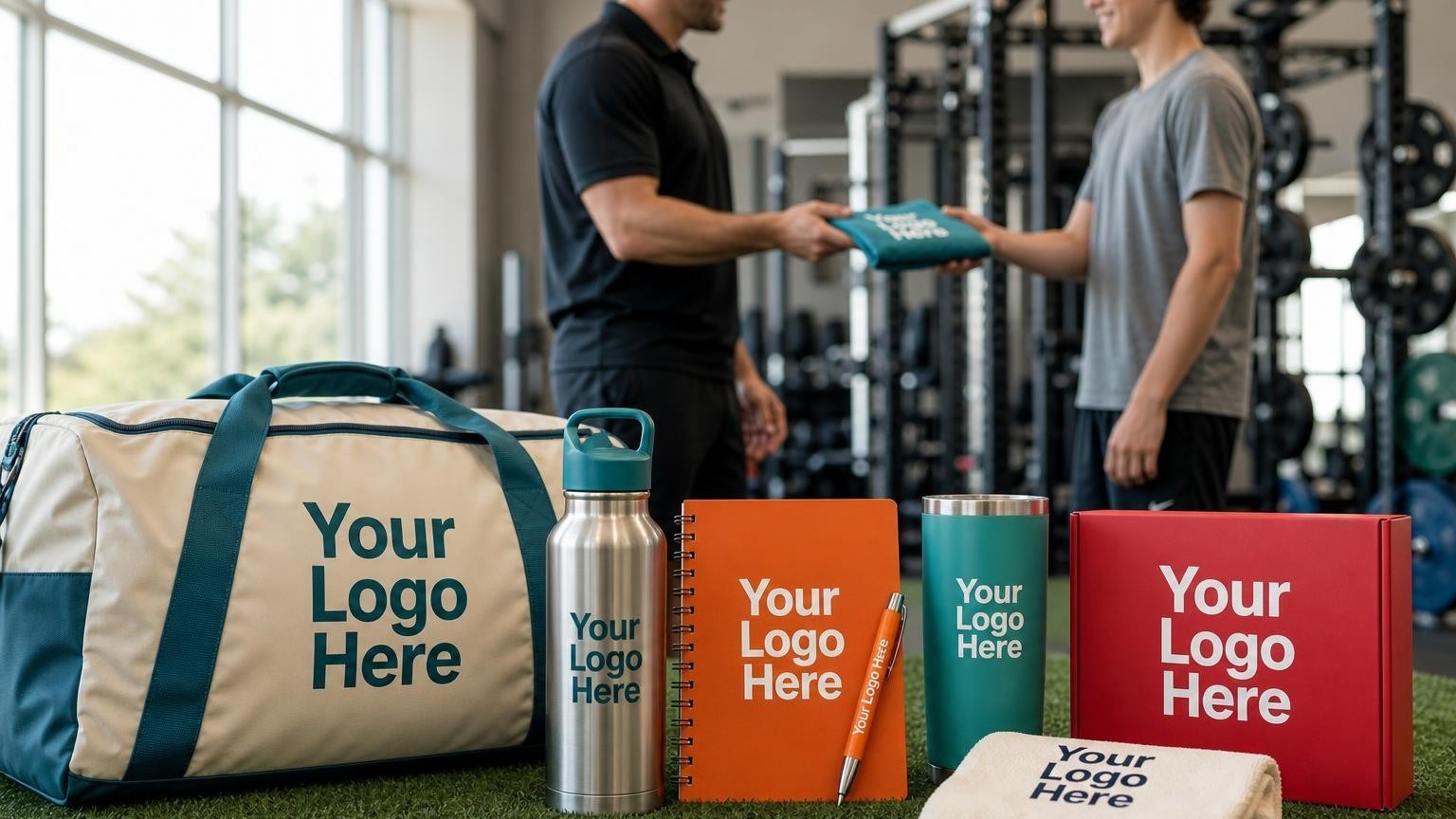 A professional-grade custom duffel bag and water bottle on an indoor sports training turf field, with a coach and athlete in the soft-focus background.