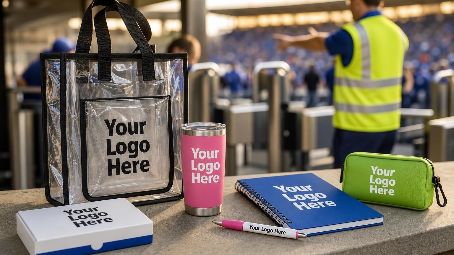 A custom clear vinyl tote bag resting on a stadium security counter near turnstiles.
