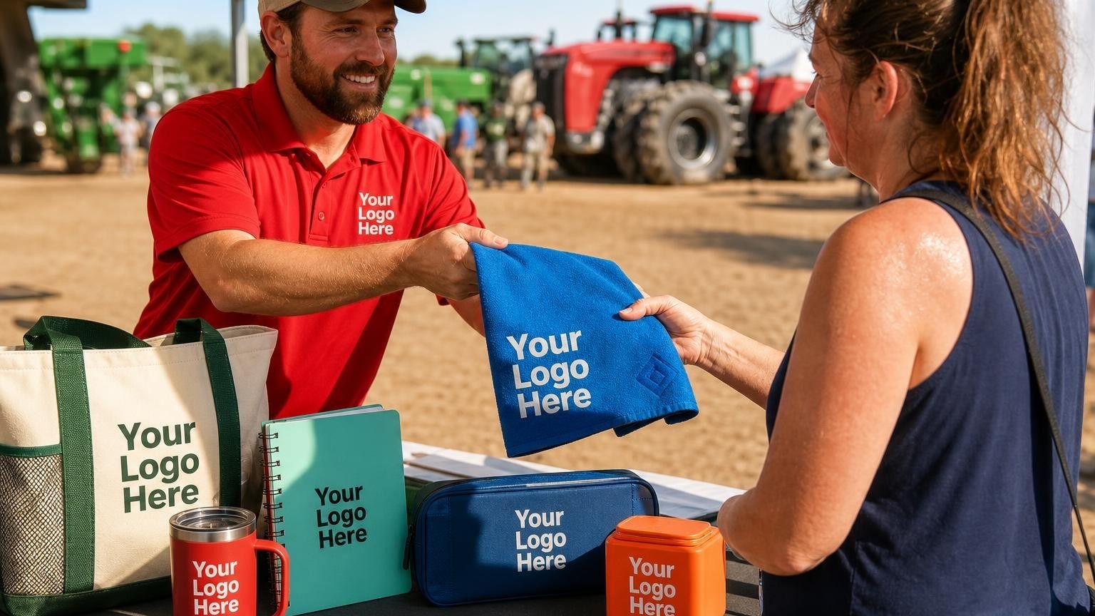 A vendor handing a custom cooling towel to an attendee at an outdoor state fair booth.