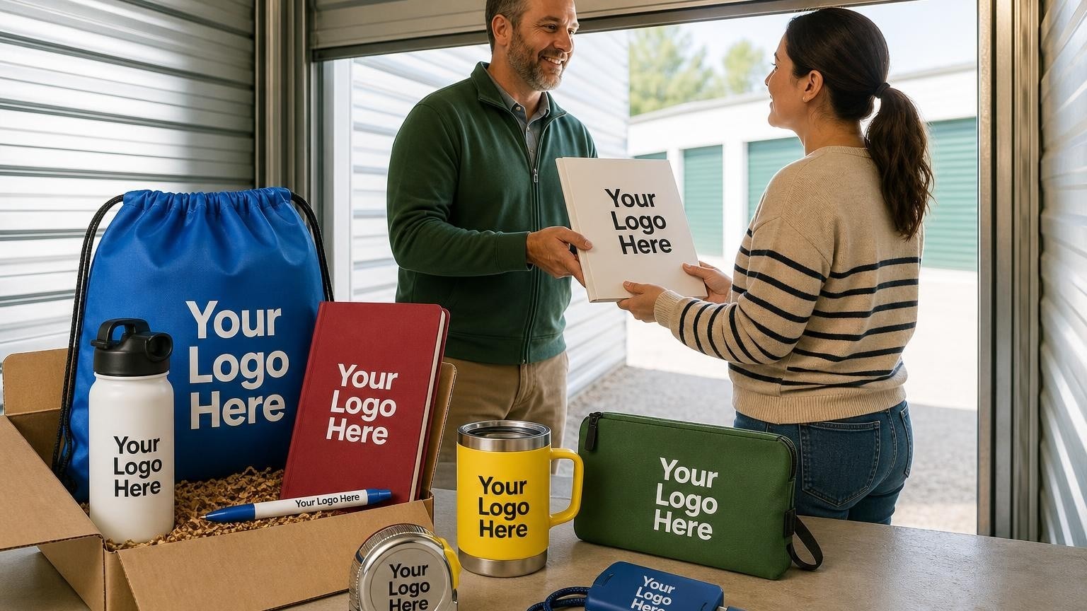 A custom metal tape measure with a subtle non-readable custom imprint sitting on a clean concrete floor inside an open storage unit with a roll-up door, as a facility manager hands a welcome folder to a tenant, shot on 50mm, shallow depth of field, natural morning light.