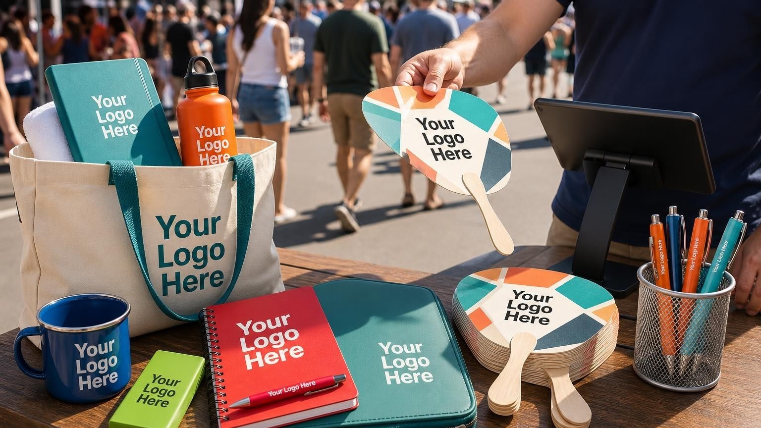 Custom-printed hand fans on a vendor's table at a busy outdoor street fair.