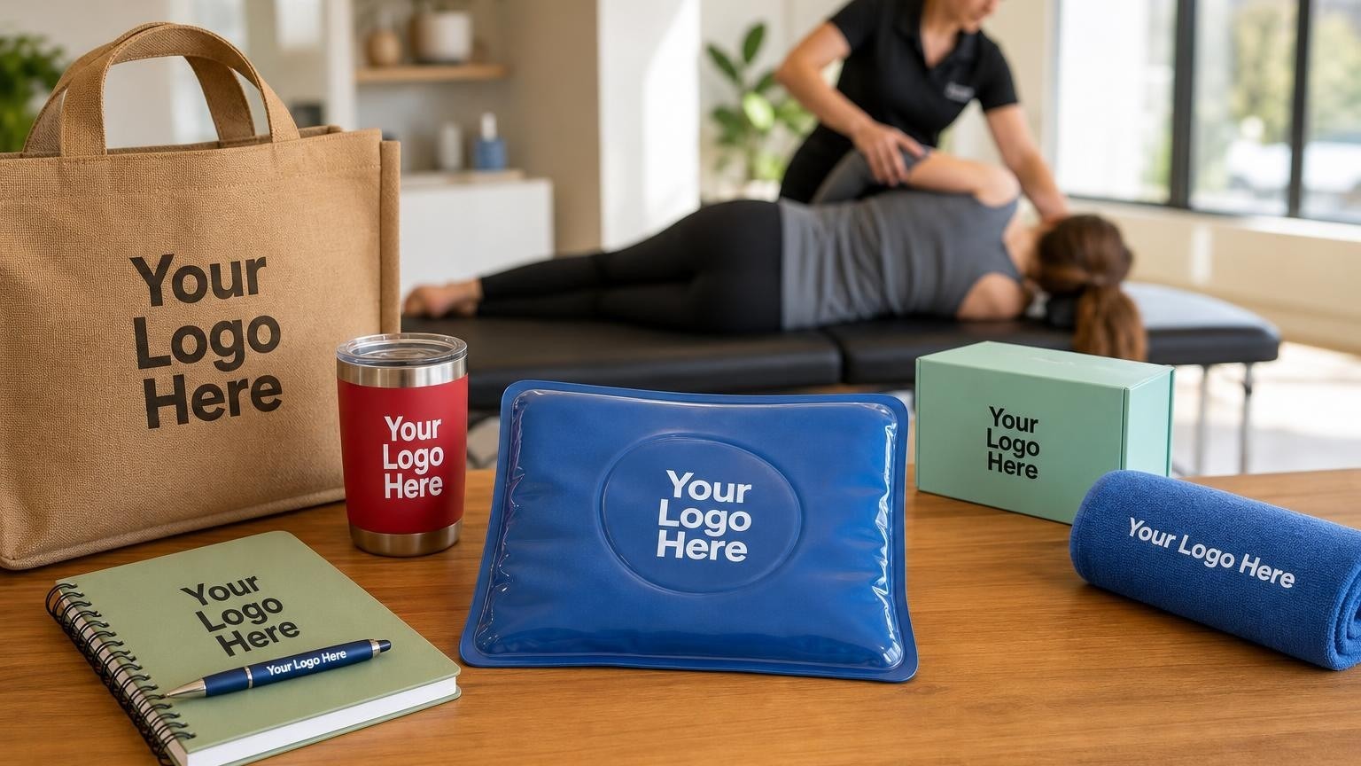 A custom gel pack resting on a stretch therapy studio reception counter with a therapist and client in the blurred background.