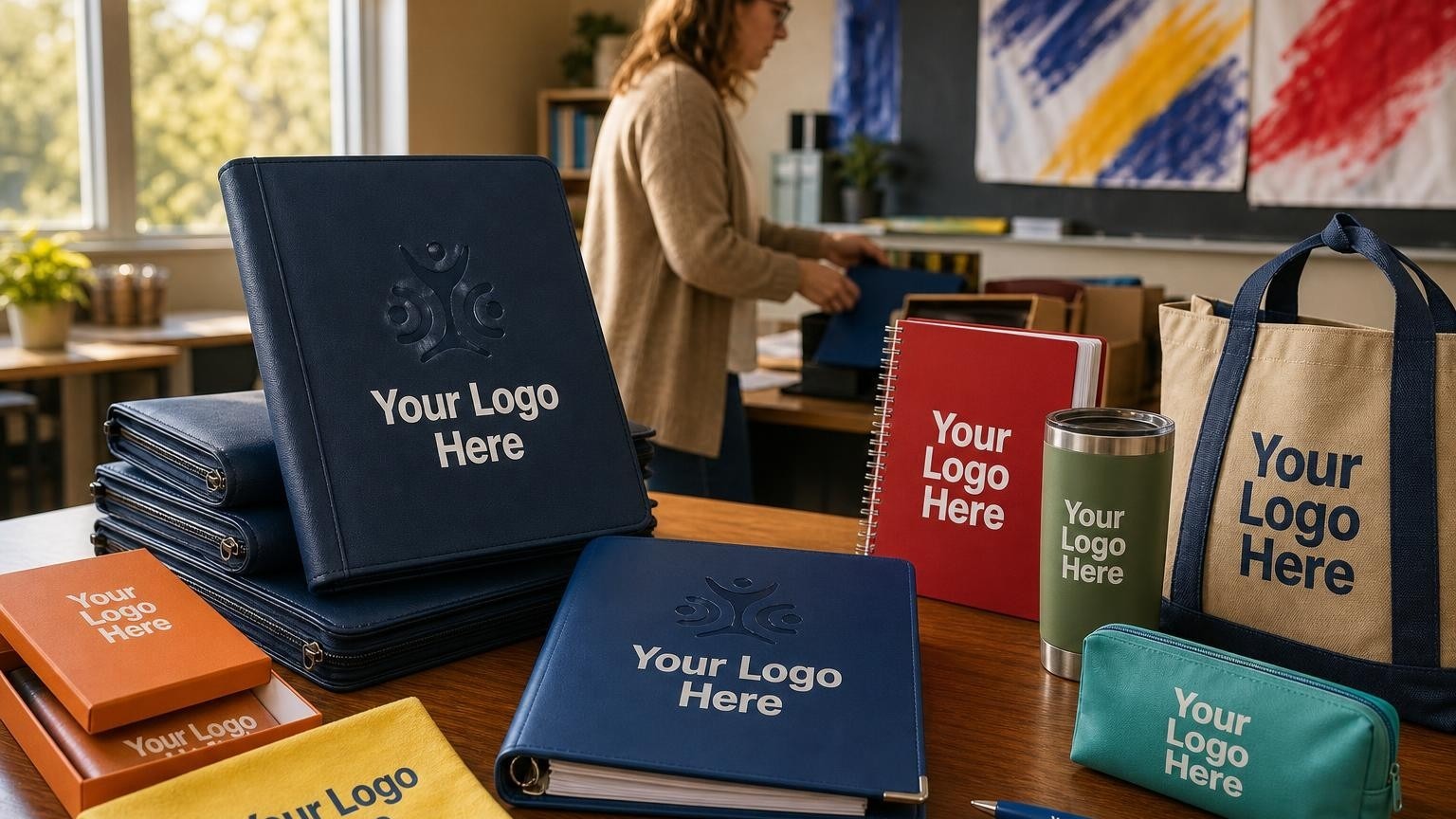 A professional planning binder and custom portfolios on a classroom desk with Homecoming banners in the background.