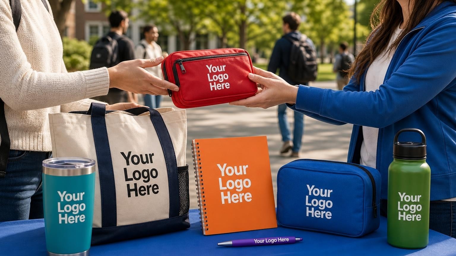 A custom branded first-aid pouch on a student health center welcome table during a campus health fair.
